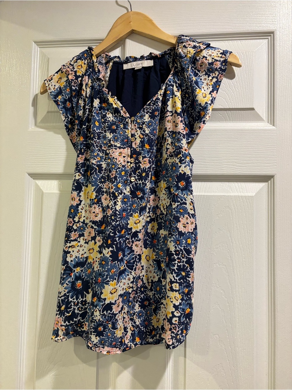 LOFT Navy Floral Ruffle Neck Dress
